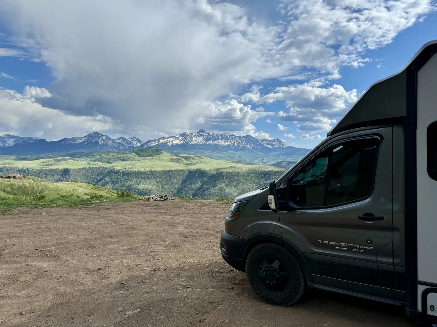 My camper van parked beside a mountain landscape