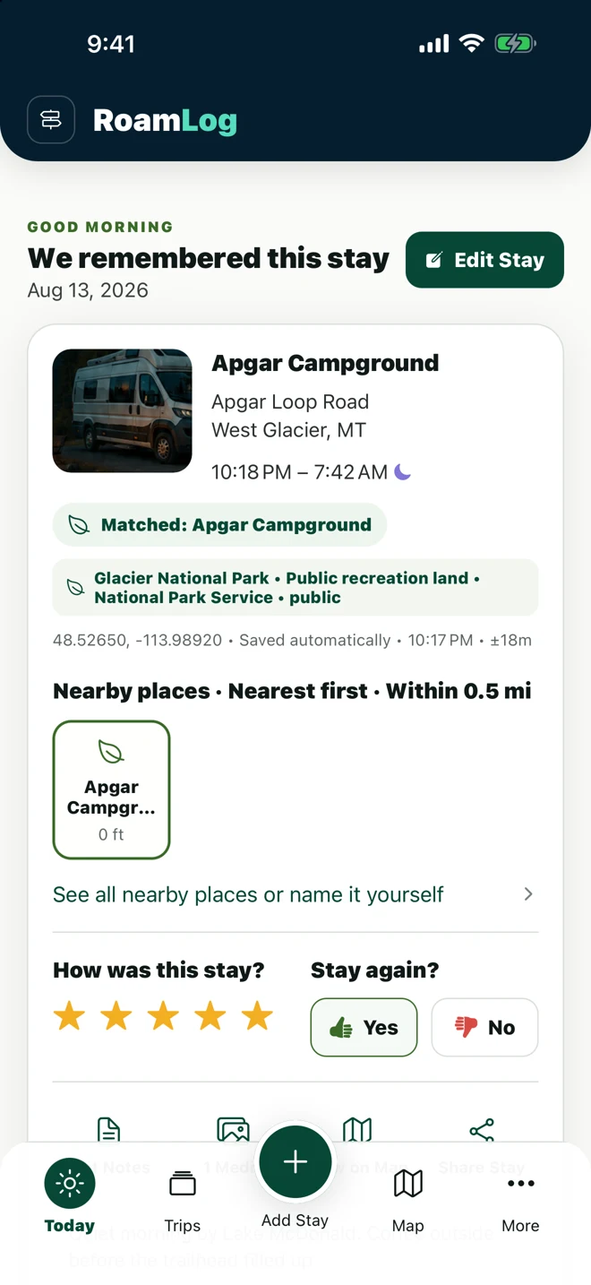 RoamLog Today screen with an overnight stay, campground details, and stay rating controls